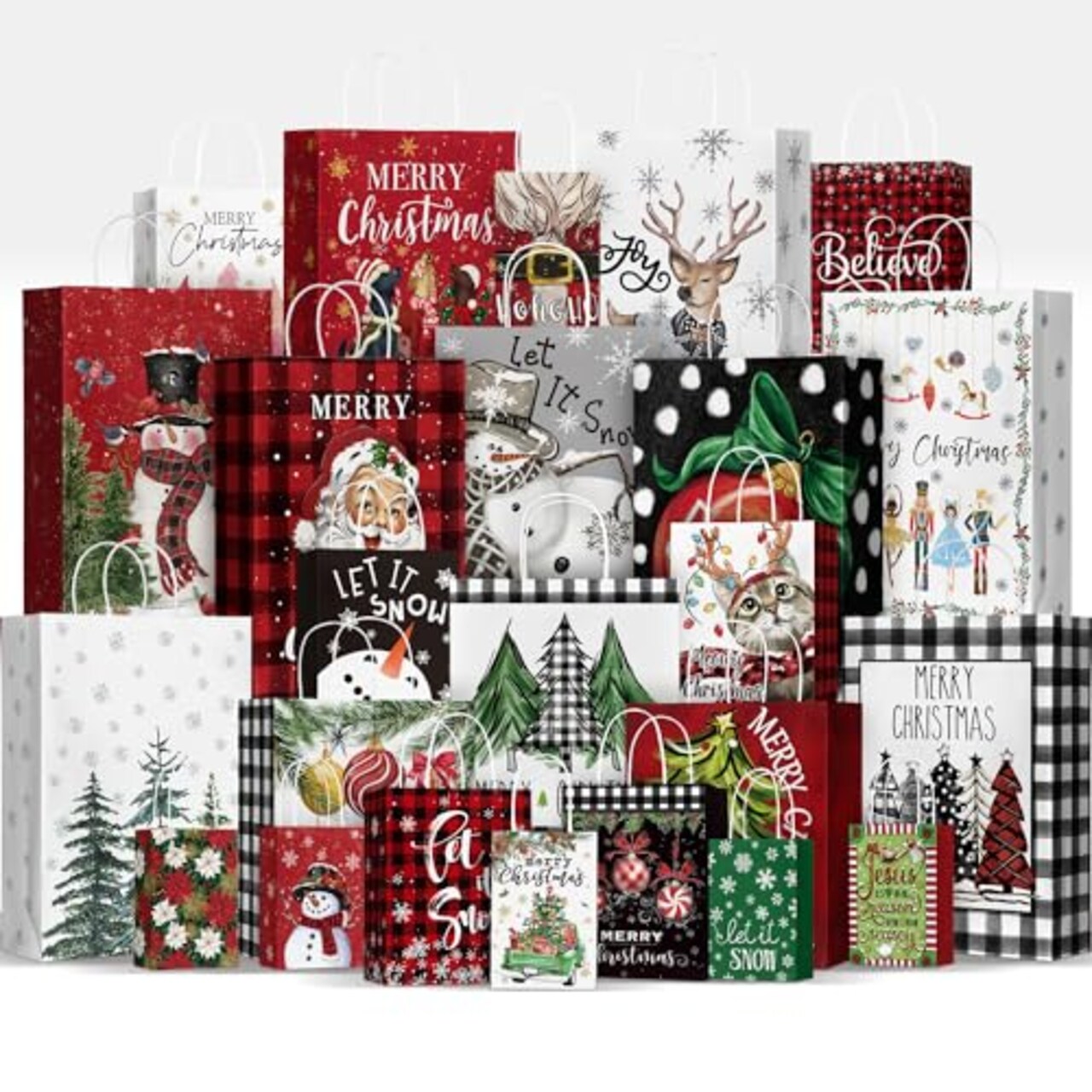 24 Christmas Gift Paper Bags Bulk with handles Wrapping Xmas Holiday Presents(6 Jumbo,6 Large,6 Medium,6 Small)